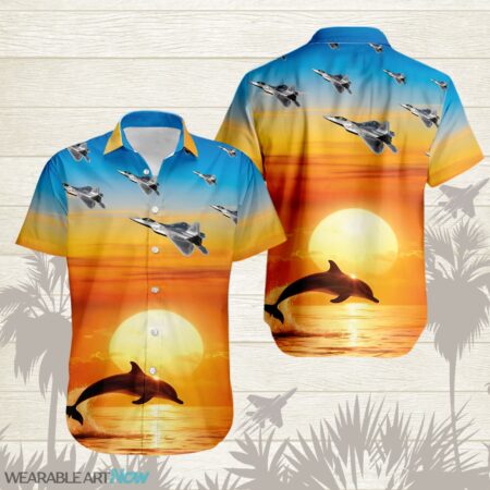 F-22 Raptor Aircraft Helicopter Beautiful A dolphin jumping Above The Water With A Sunset Hawaiian Shirt Product Photo 1