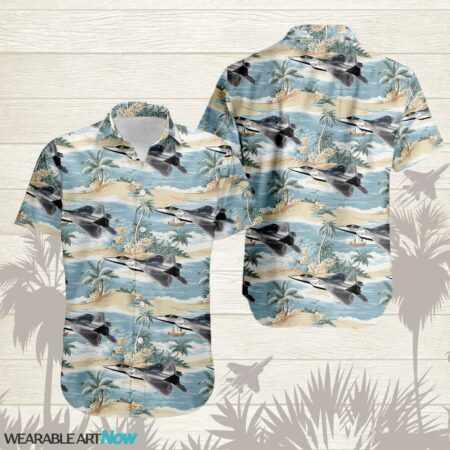 F-22 Raptor Aircraft Helicopter Beautiful Tropical Island With Palm Trees Pattern Hawaiian Shirt Product Photo 1
