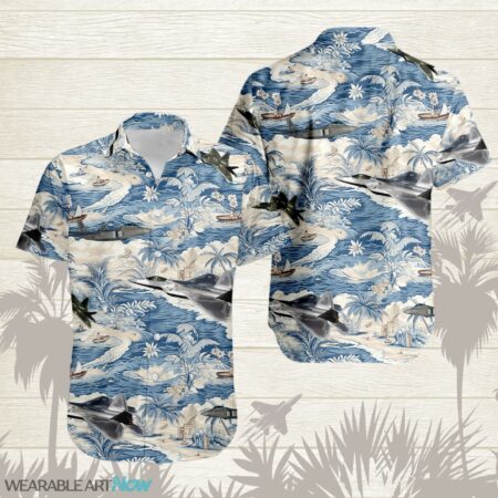 F-22 Raptor AirPlane Helicopter With A Boat And A Boat On The Water Hawaiian Shirt Product Photo 1