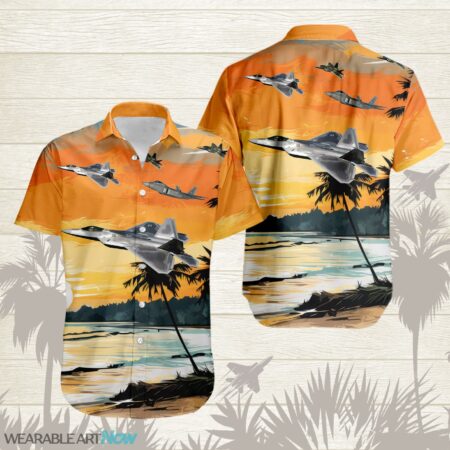F-22 Raptor AirPlane Helicopter With Abstract palm Tropical background Free Hawaiian Shirt Product Photo 1