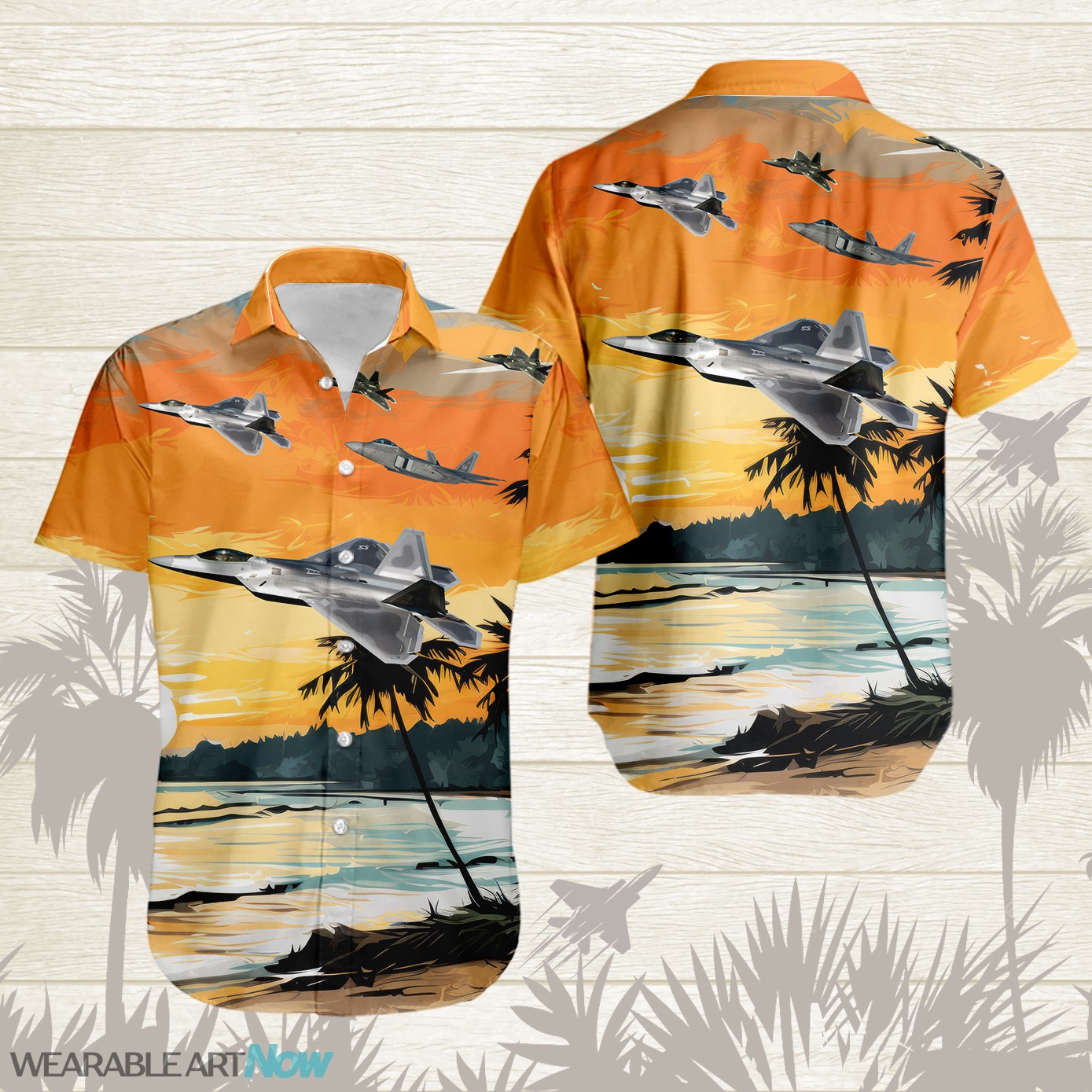 F-22 Raptor AirPlane Helicopter With Abstract palm Tropical background Free Hawaiian Shirt Product Photo 1