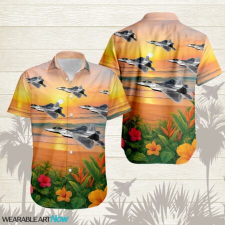 F-22 Raptor Beautiful Sunrise On The Beach Next To The Habicus Flower Hawaiian Shirt Product Photo 1