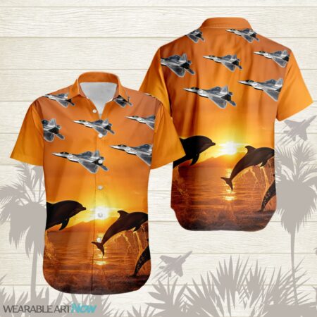 F-22 Raptor Fighter Aircraft Dolphins jumping In The Sea At Sunset Hawaiian Shirt Product Photo 1