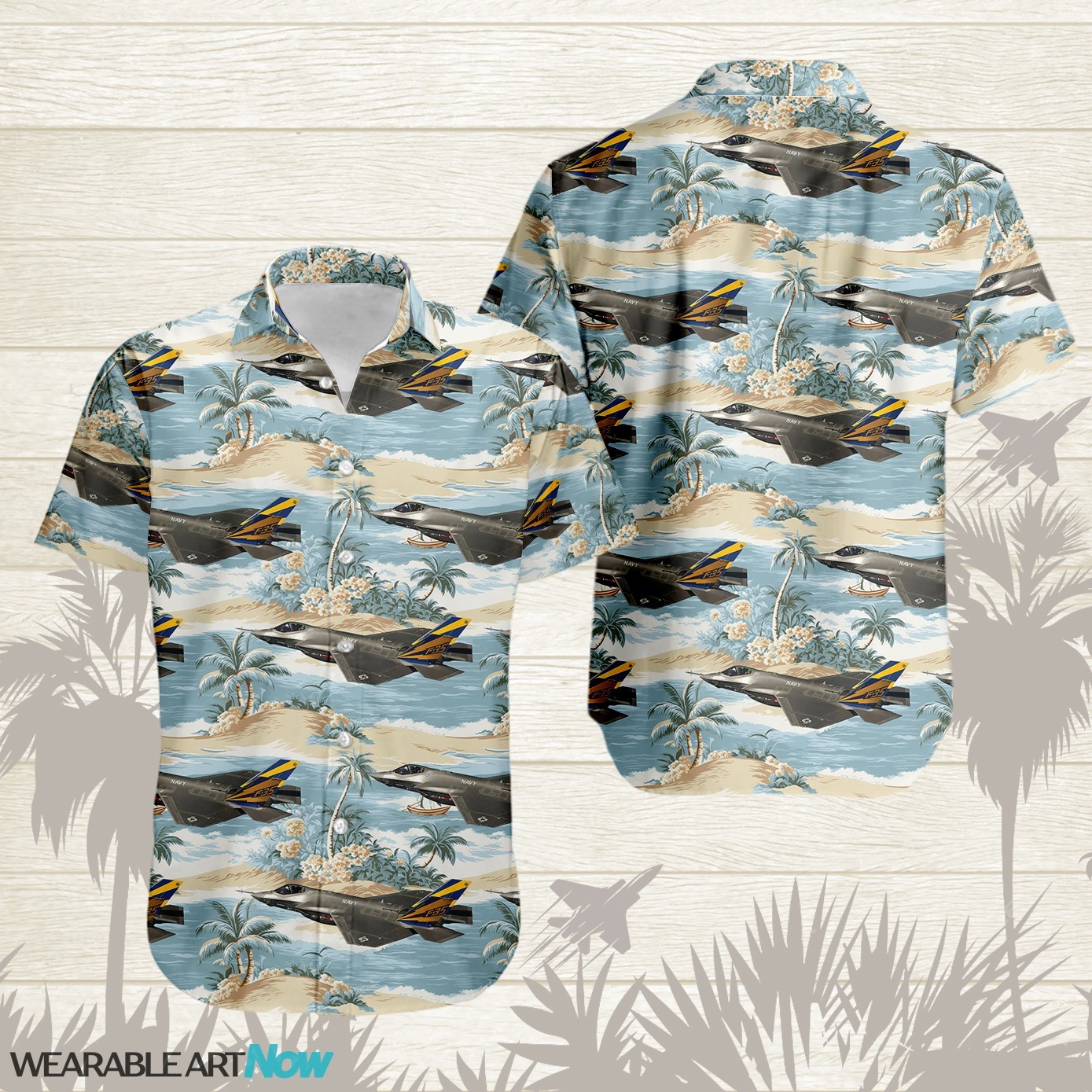 F-35 Lightning II Aircraft Helicopter Beautiful Tropical Island With Palm Trees Pattern Hawaiian Shirt Product Photo 1