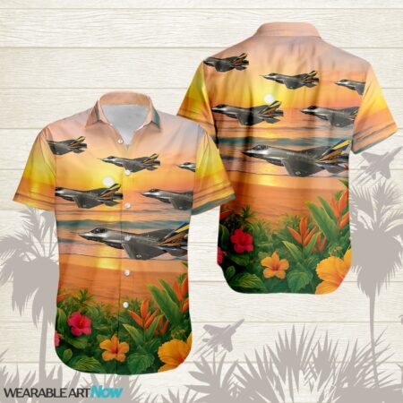 F-35 Lightning II Beautiful Sunrise On The Beach Next To The Habicus Flower Hawaiian Shirt Product Photo 1