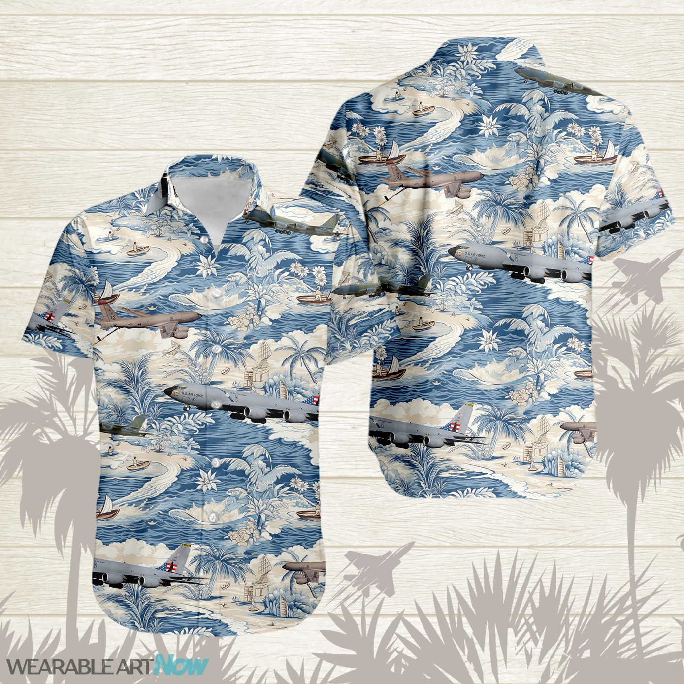 KC-135 Stratotanker AirPlane Helicopter With A Boat And A Boat On The Water Hawaiian Shirt Product Photo 1