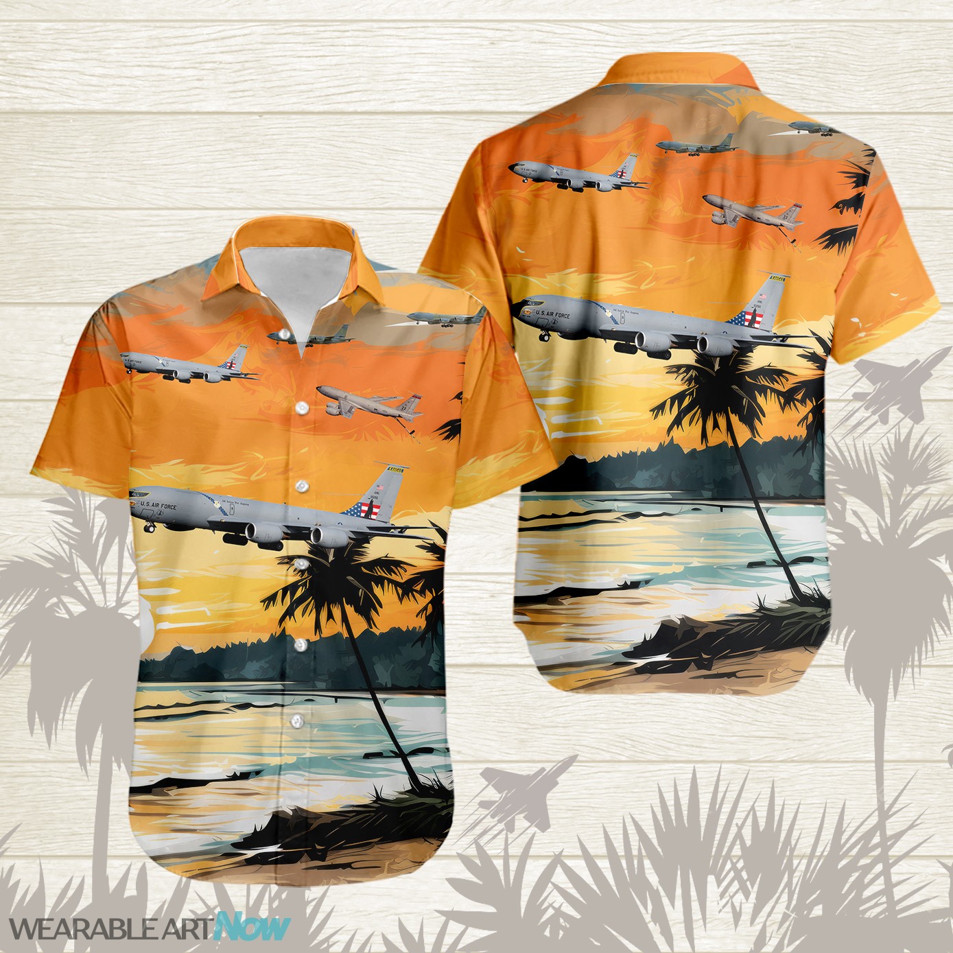 KC-135 Stratotanker AirPlane Helicopter With Abstract palm Tropical background Free Hawaiian Shirt Product Photo 1