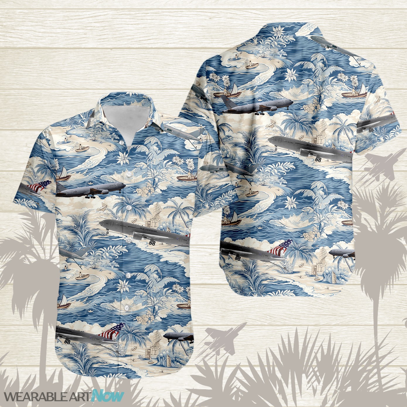 KC-46 Pegasus AirPlane Helicopter With A Boat And A Boat On The Water Hawaiian Shirt Product Photo 1
