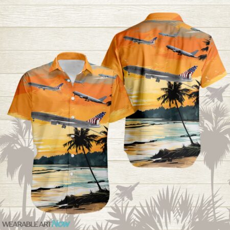 KC-46 Pegasus AirPlane Helicopter With Abstract palm Tropical background Free Hawaiian Shirt Product Photo 1