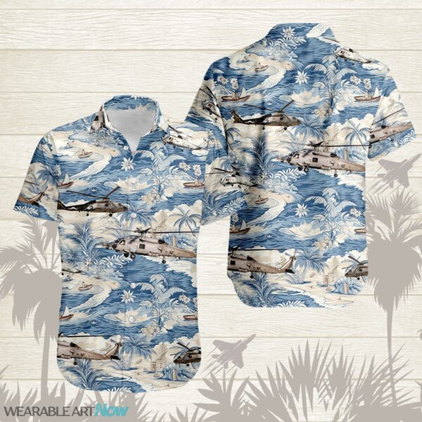 MH-60 Seahawk AirPlane Helicopter With A Boat And A Boat On The Water Hawaiian Shirt Product Photo 1