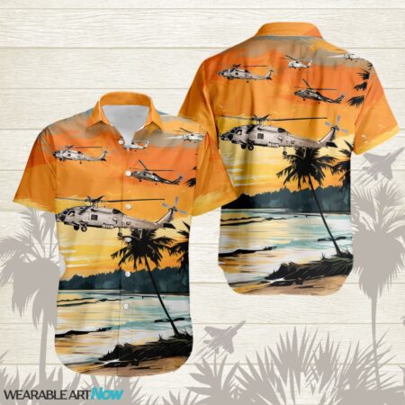 MH-60 Seahawk AirPlane Helicopter With Abstract palm Tropical background Free Hawaiian Shirt Product Photo 1