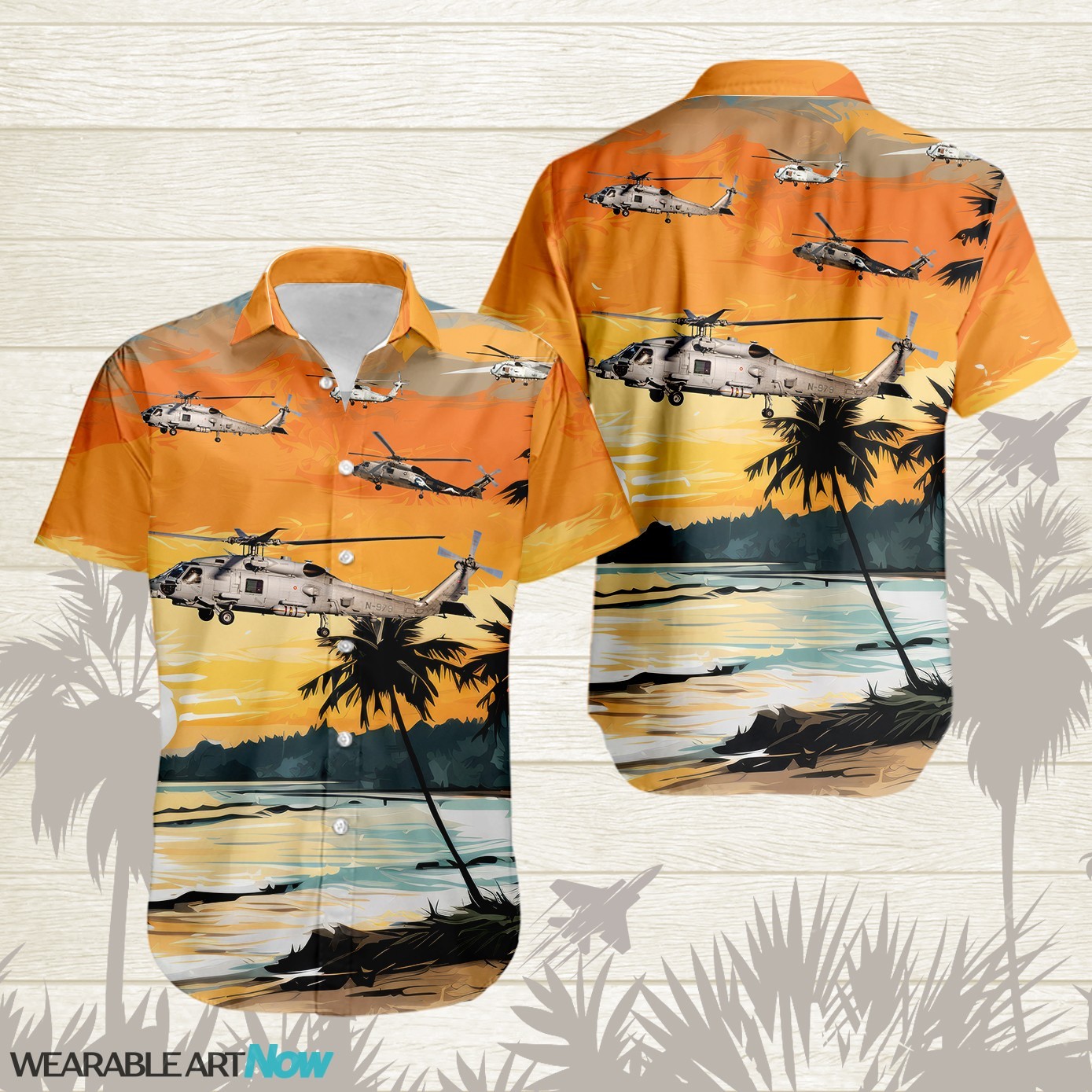 MH-60 Seahawk AirPlane Helicopter With Abstract palm Tropical background Free Hawaiian Shirt Product Photo 1