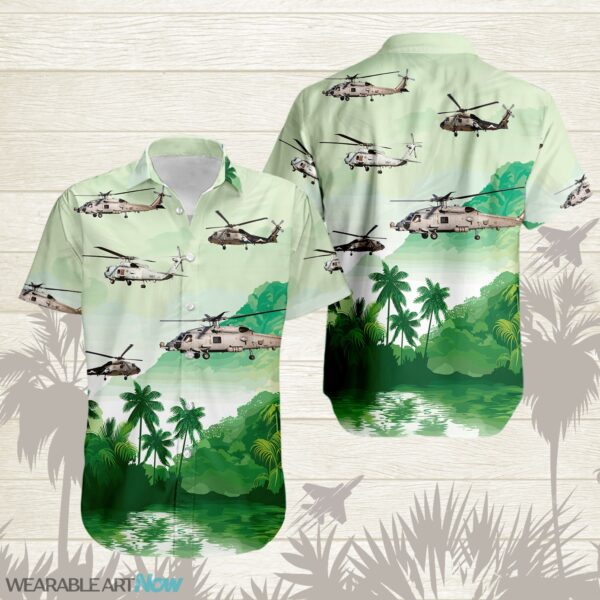 MH-60 Seahawk Military Helicopters Beautiful Landscape Warm Sunrise Over Mountain Ocean And Forest Hawaiian Shirt Product Photo 1