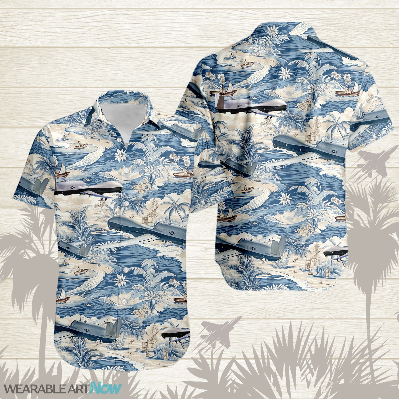 MQ-4C Triton AirPlane Helicopter With A Boat And A Boat On The Water Hawaiian Shirt Product Photo 1