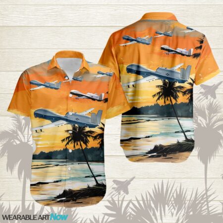 MQ-4C Triton AirPlane Helicopter With Abstract palm Tropical background Free Hawaiian Shirt Product Photo 1