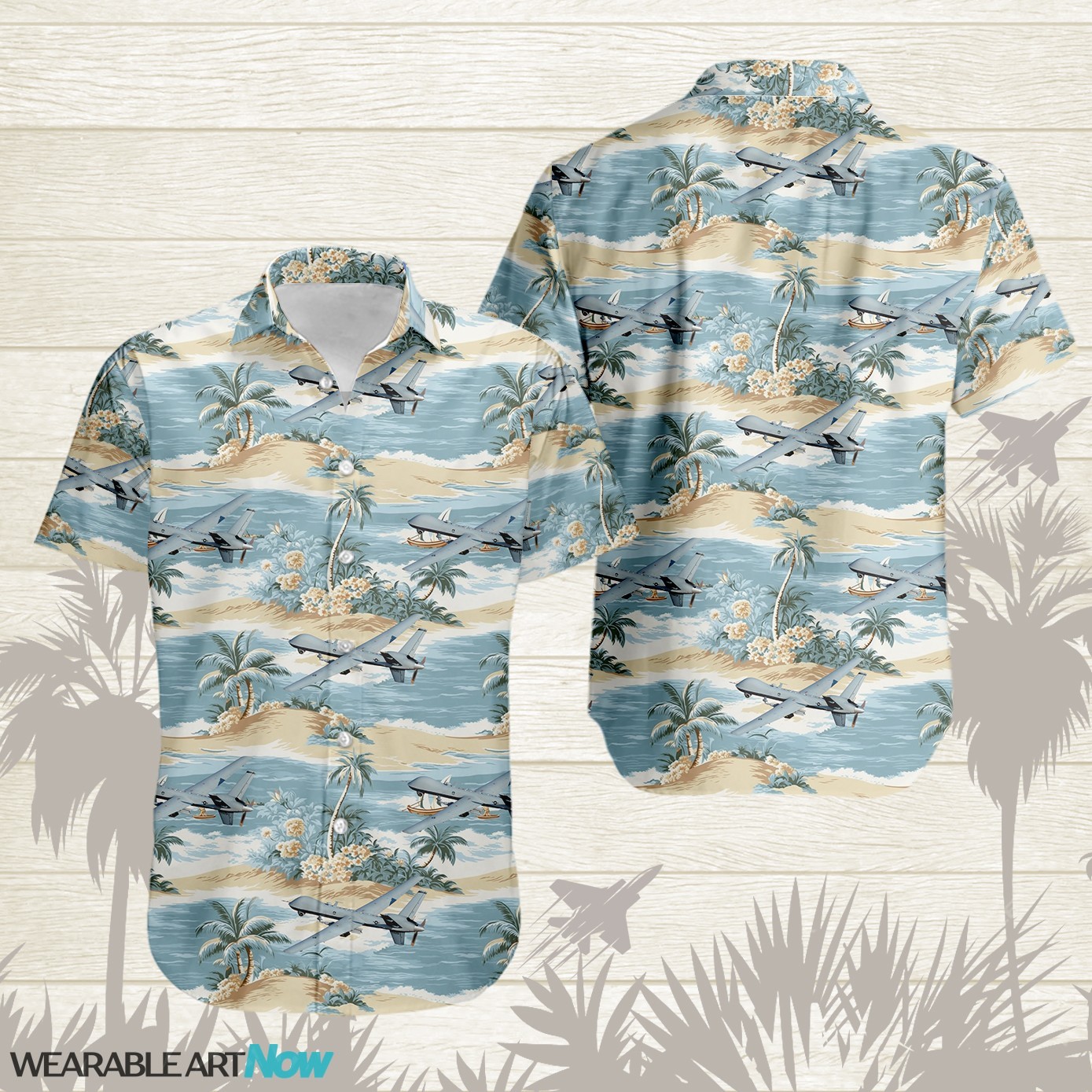 MQ-9 Reaper Aircraft Helicopter Beautiful Tropical Island With Palm Trees Pattern Hawaiian Shirt Product Photo 1