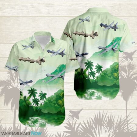MQ-9 Reaper Airplane Helicopter Beautiful Landscape Warm Sunrise Over Mountain Ocean And Forest Hawaiian Shirt Product Photo 1