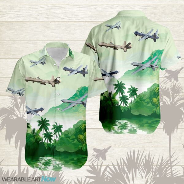MQ-9 Reaper Airplane Helicopter Beautiful Landscape Warm Sunrise Over Mountain Ocean And Forest Hawaiian Shirt Product Photo 1