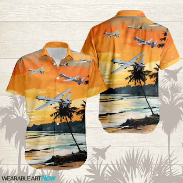 MQ-9 Reaper AirPlane Helicopter With Abstract palm Tropical background Free Hawaiian Shirt Product Photo 1