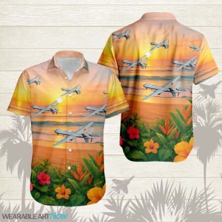 MQ-9 Reaper Beautiful Sunrise On The Beach Next To The Habicus Flower Hawaiian Shirt Product Photo 1