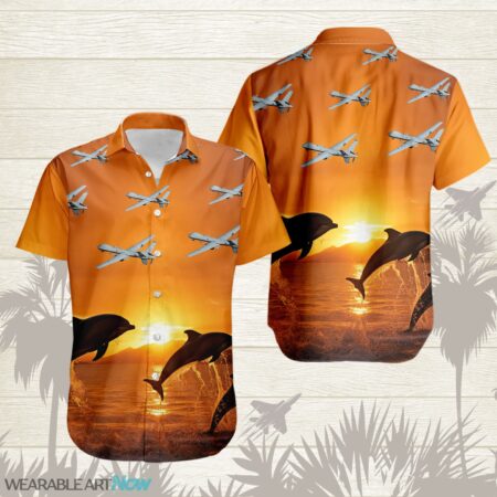 MQ-9 Reaper Fighter Aircraft Dolphins jumping In The Sea At Sunset Hawaiian Shirt Product Photo 1