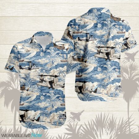 MV-22 Osprey AirPlane Helicopter With A Boat And A Boat On The Water Hawaiian Shirt Product Photo 1