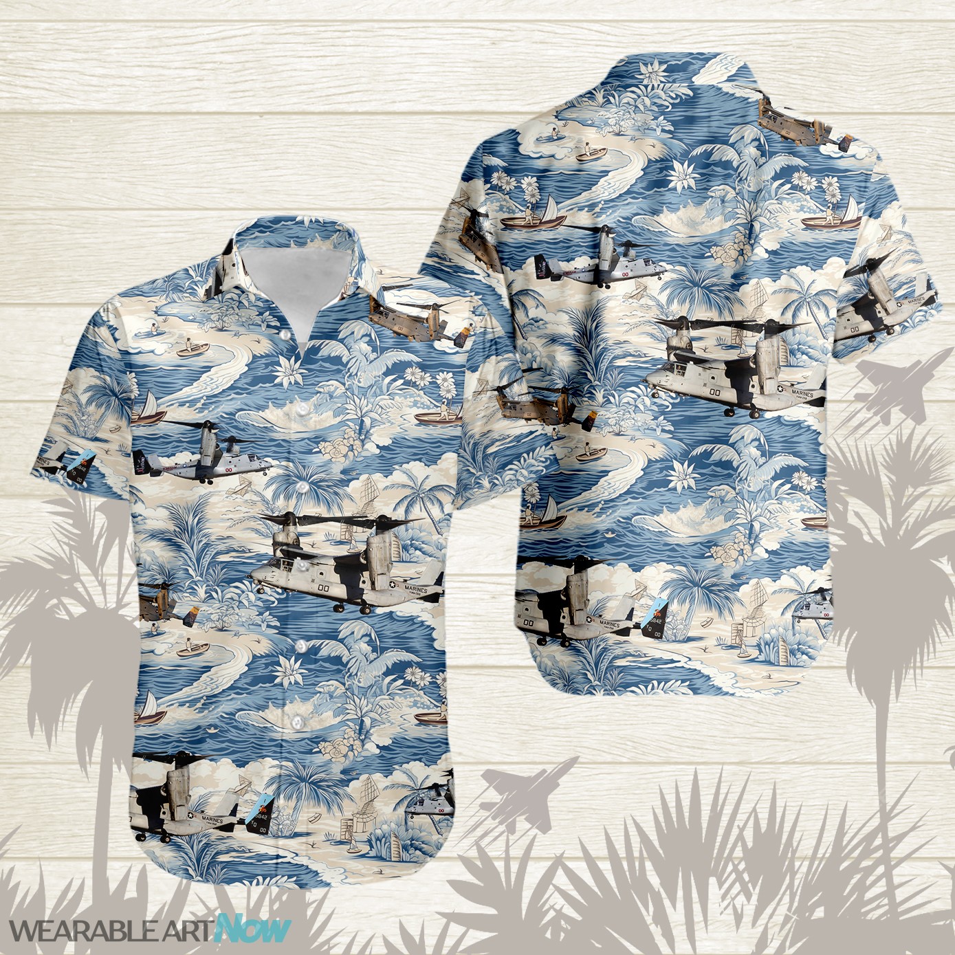 MV-22 Osprey AirPlane Helicopter With A Boat And A Boat On The Water Hawaiian Shirt Product Photo 1