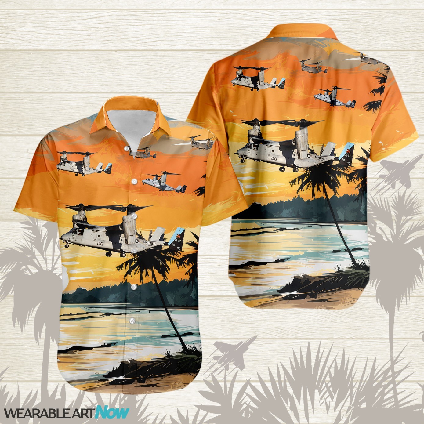 MV-22 Osprey AirPlane Helicopter With Abstract palm Tropical background Free Hawaiian Shirt Product Photo 1