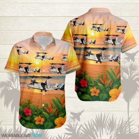 MV-22 Osprey Beautiful Sunrise On The Beach Next To The Habicus Flower Hawaiian Shirt Product Photo 1