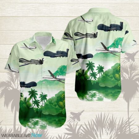 RQ-4 Global Hawk Airplane Helicopter Beautiful Landscape Warm Sunrise Over Mountain Ocean And Forest Hawaiian Shirt Product Photo 1