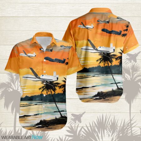 RQ-4 Global Hawk AirPlane Helicopter With Abstract palm Tropical background Free Hawaiian Shirt Product Photo 1