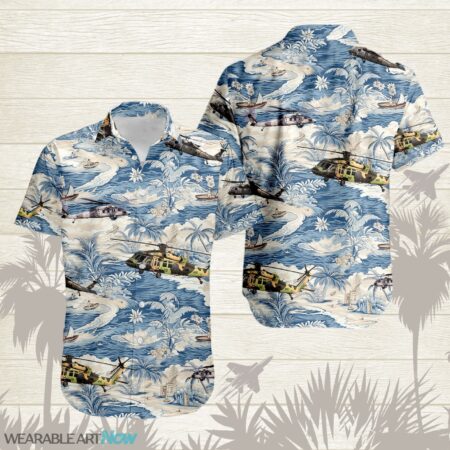 UH-60 Black Hawk AirPlane Helicopter With A Boat And A Boat On The Water Hawaiian Shirt Product Photo 1