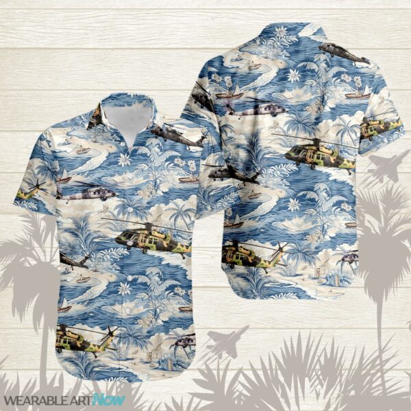 UH-60 Black Hawk AirPlane Helicopter With A Boat And A Boat On The Water Hawaiian Shirt Product Photo 1