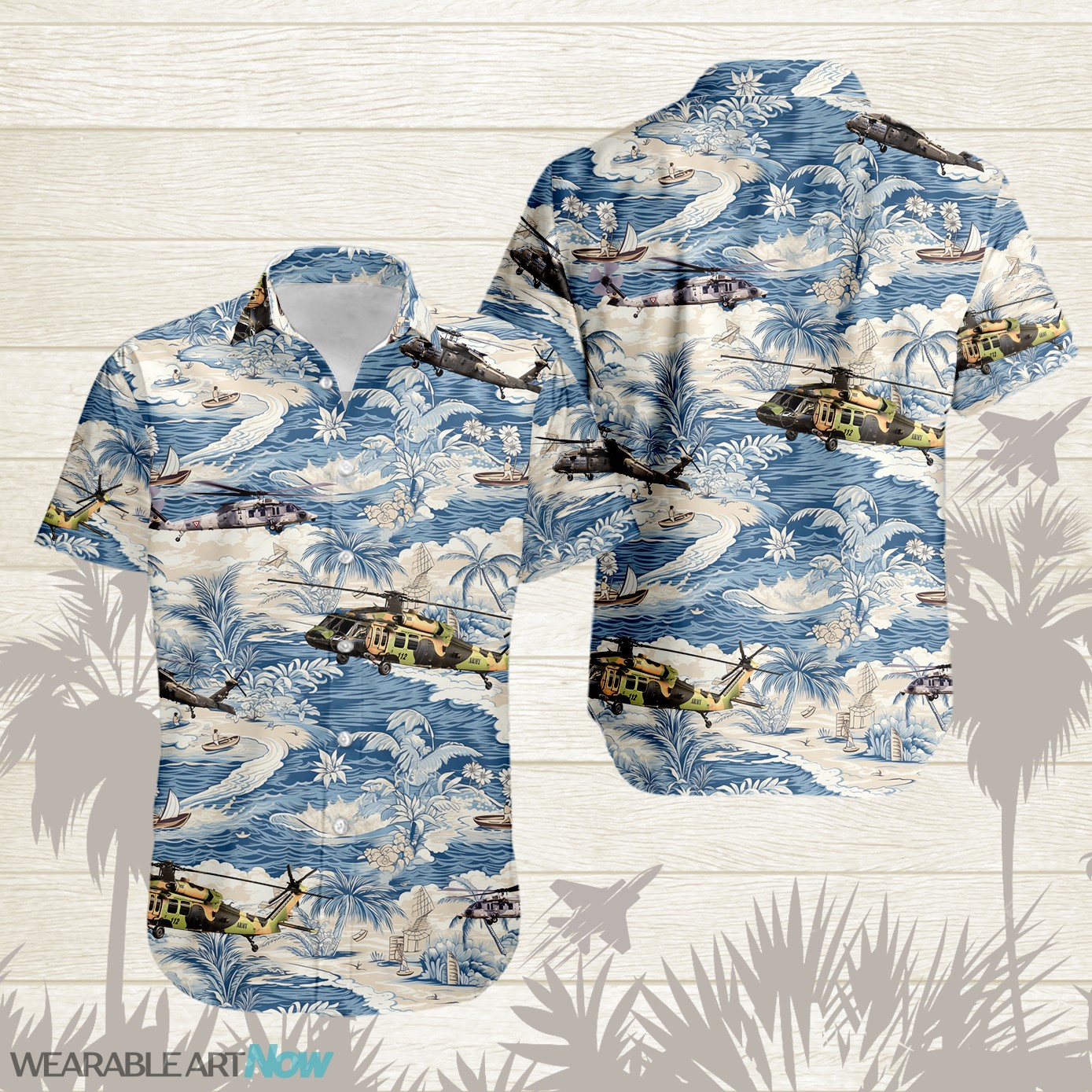 UH-60 Black Hawk AirPlane Helicopter With A Boat And A Boat On The Water Hawaiian Shirt Product Photo 1