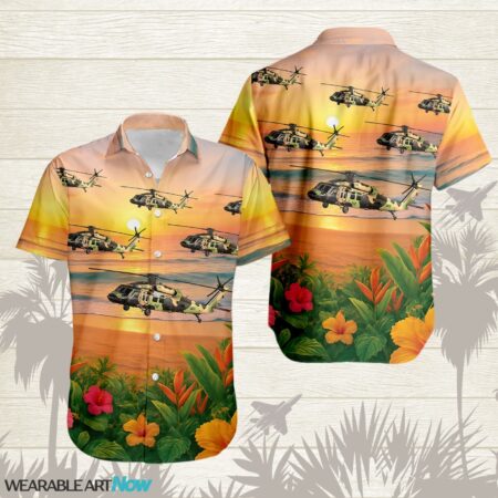 UH-60 Black Hawk Beautiful Sunrise On The Beach Next To The Habicus Flower Hawaiian Shirt Product Photo 1