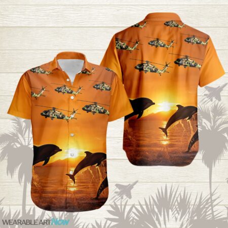 UH-60 Black Hawk Fighter Aircraft Dolphins jumping In The Sea At Sunset Hawaiian Shirt Product Photo 1