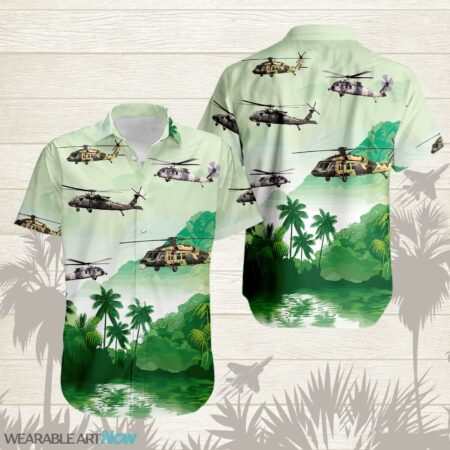 UH-60 Black Hawk Military Helicopters Beautiful Landscape Warm Sunrise Over Mountain Ocean And Forest Hawaiian Shirt Product Photo 1