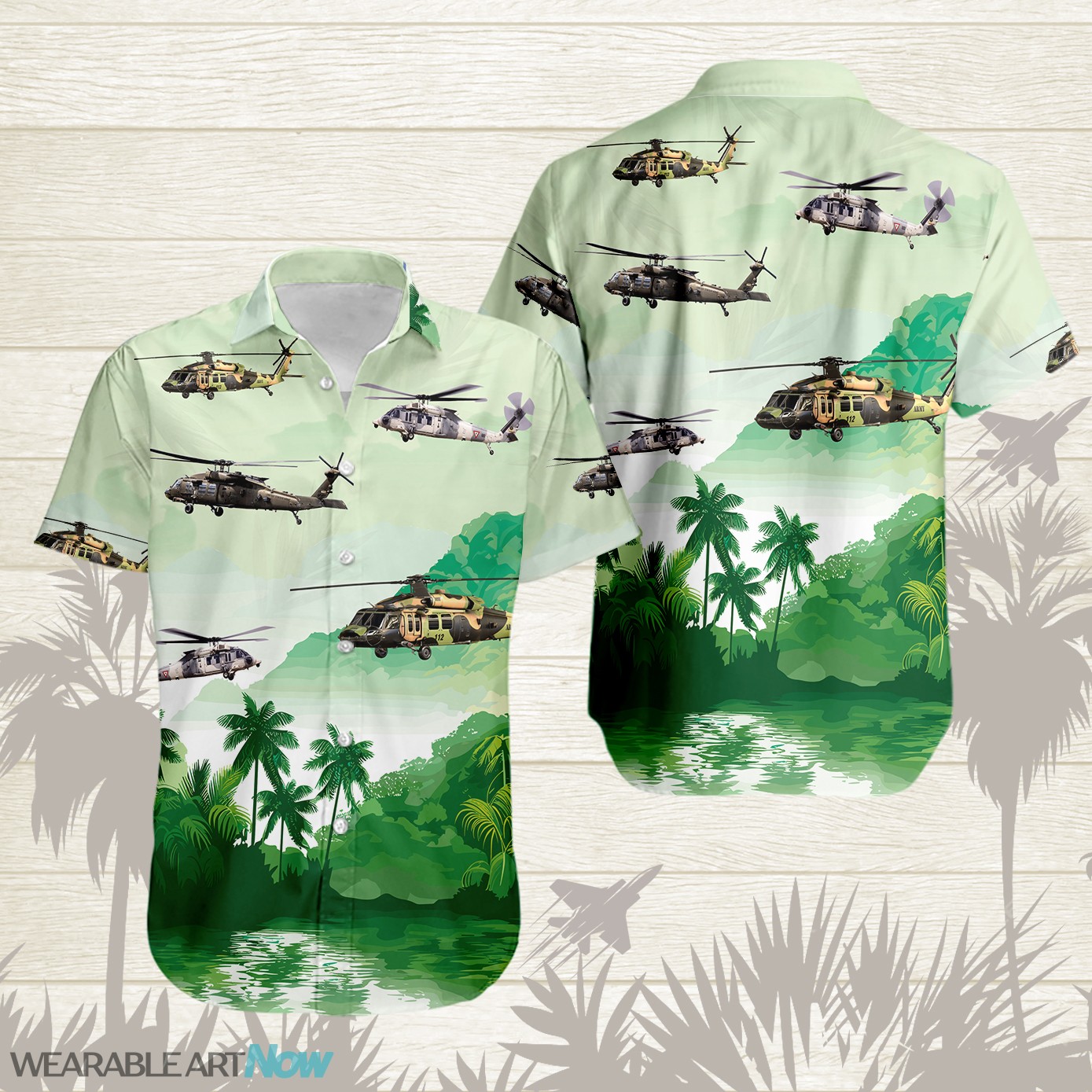 UH-60 Black Hawk Military Helicopters Beautiful Landscape Warm Sunrise Over Mountain Ocean And Forest Hawaiian Shirt Product Photo 1