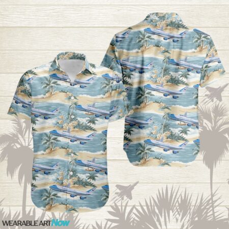 VC-25 Aircraft Helicopter Beautiful Tropical Island With Palm Trees Pattern Hawaiian Shirt Product Photo 1