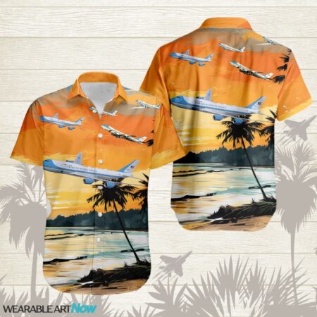 VC-25 AirPlane Helicopter With Abstract palm Tropical background Free Hawaiian Shirt Product Photo 1