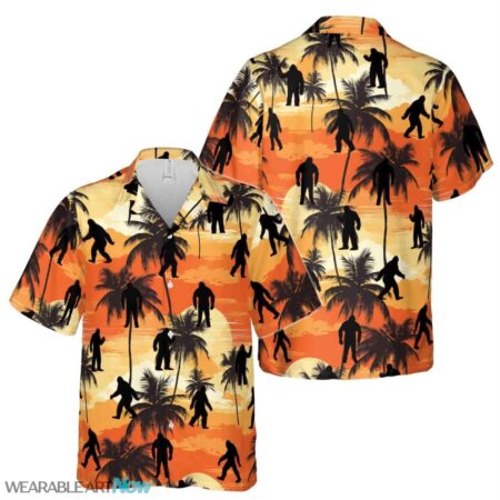 Colorful Bigfoot Sasquatch Coconut Tree Mountain Sunset Hawaiian Shirt Product Photo 1