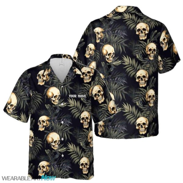 Customize Name Skull And Leaves Pattern Black Hawaiian Shirt Product Photo 1