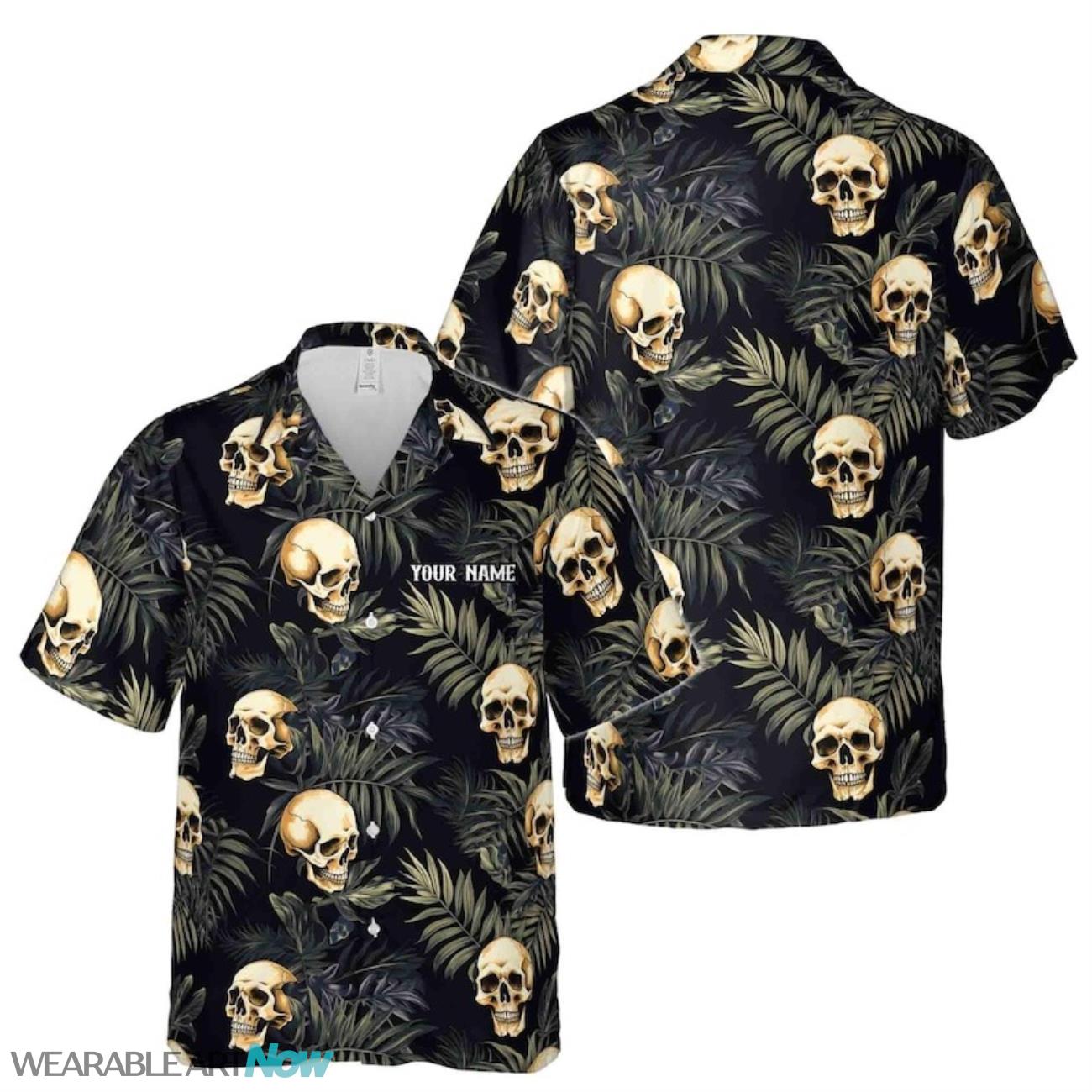 Customize Name Skull And Leaves Pattern Black Hawaiian Shirt Product Photo 1