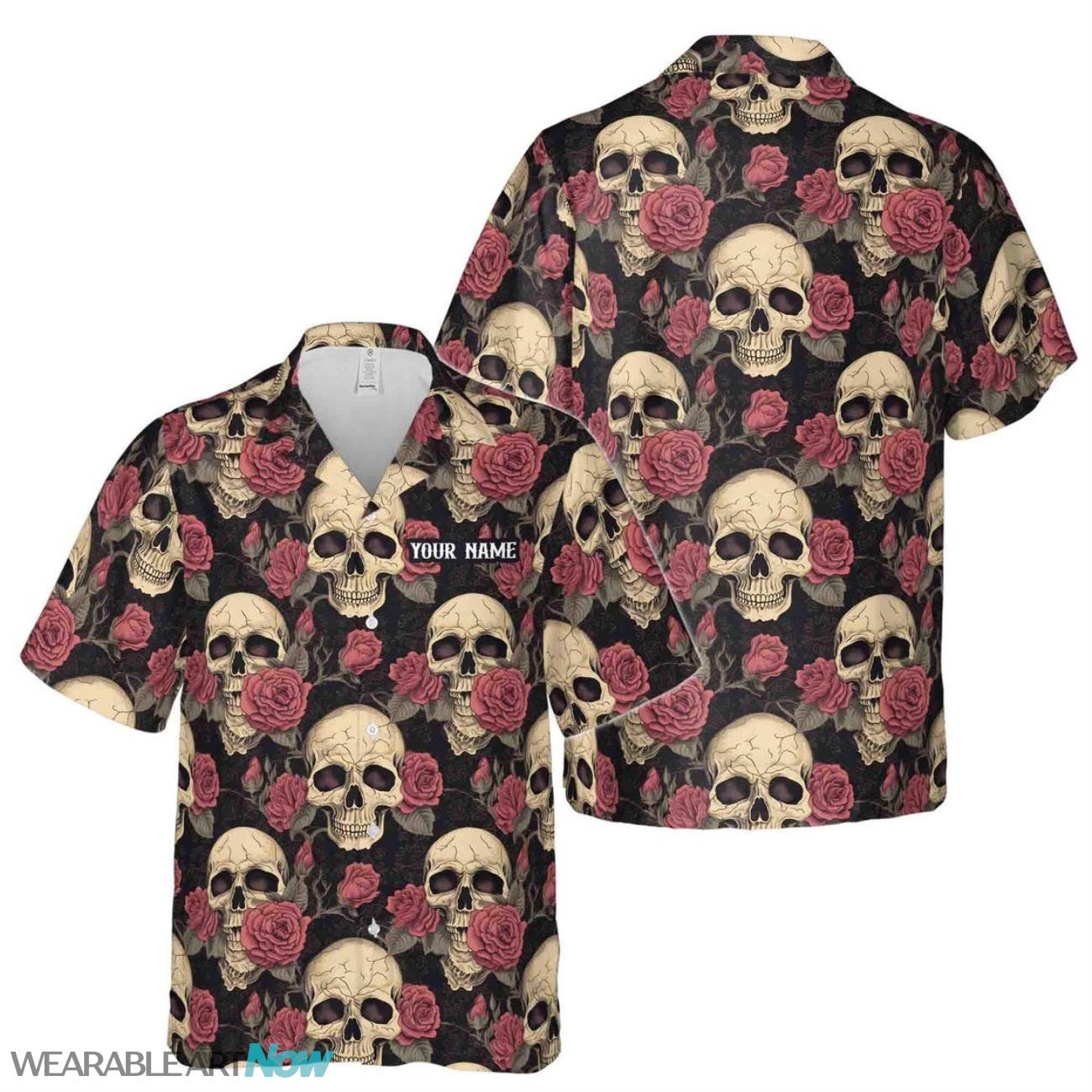 Customize Name Skull And Red Rose Gothic Pattern Black Hawaiian Shirt Product Photo 1