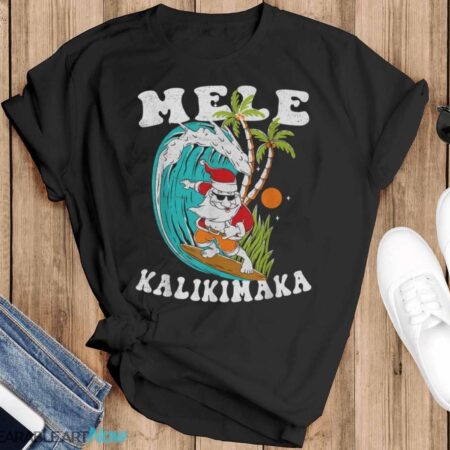 Mele Kalikimaka Hawaii Christmas Surfing Santa T-Shirt Sweatshirt Hoodie - Black T-Shirt