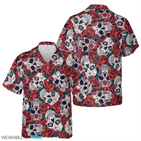 Red Rose Floral Skull Tattoo Aloha Hawaiian Shirt Product Photo 1